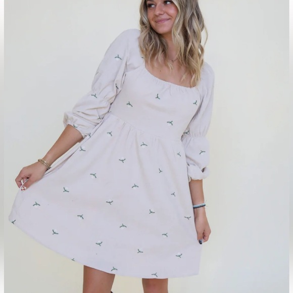 DAVI & DANI Corduroy Fabric embroidered Bib floral print Mini Dress in cream tan - Picture 6 of 11